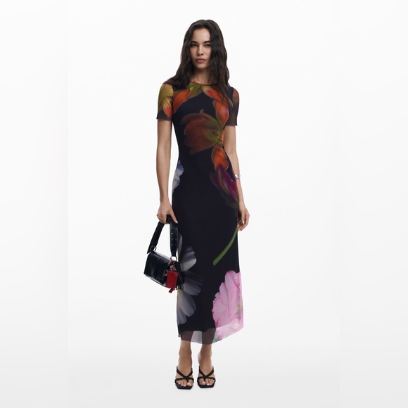 Desigual Tulle Flowers Black and Orange Floral Tee Dress Small - Picture 1 of 11